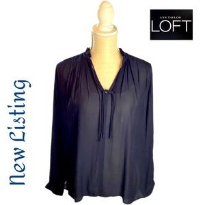 LOFT Women M Top Hi-Lo Long Sleeve Navy Semi Sheer Lightweight